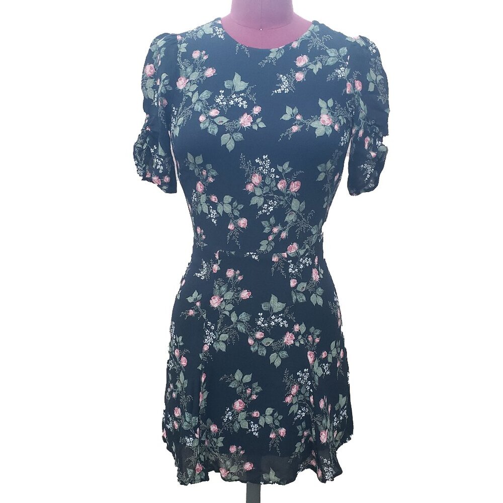 Reformation Gracie Dress Black Rose Floral Viscose Ruched Short Sleeve Mini 4